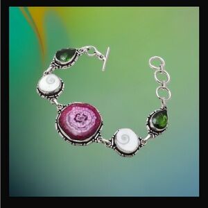 Solar Agate & Peridot Gemstone Handcrafted Toggle Style Bracelet 7”-8” Long NWT